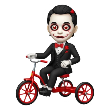 Billy the puppet from Saw, emoji style, white face, red bow tie, black suit, riding a red tricycle sticker