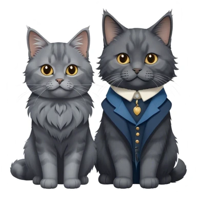 Portrait of a black smoke Maine Coon cat with long grey ear tufts and a thick grey collar, alongside a British Shorthair cat with a solid blue coat. Both cats with detailed fur textures and playful expressions. Soft, elegant background with warm, natural tones. Transparent background. sticker