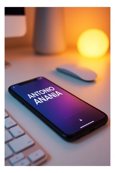 A photo of an iPhone on the desk with the message "Antonio Anania" on its screen, The phone sits atop a desk with a blurred background that suggests work environment. A faint glow from above casts gentle shadows across the surface of each object, creating depth and highlighting their textures sticker