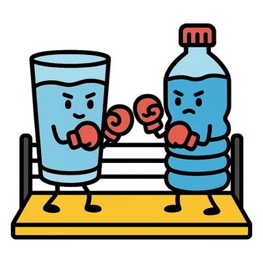 tap water and plastic bottle as boxing characters facing each other on a ring, with gloves and fighting poses, color outline style sticker