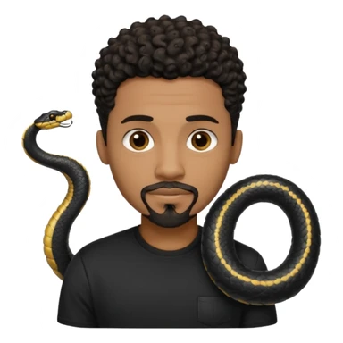 Homme noir de peau,  yeux marron avec un bouc sans la moustache, cheveux noir court et bouclé crépus avec un dégradé sur le côté, avec un cobra à côté , t-shirt noir  sticker