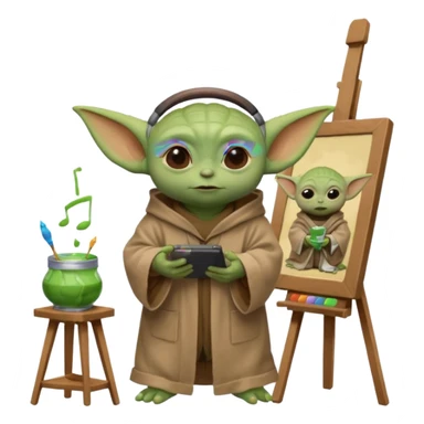 Baby Yoda in his brown robe listening music on his headphones, painting a picture on an easel and surrounded by paint pots. sticker