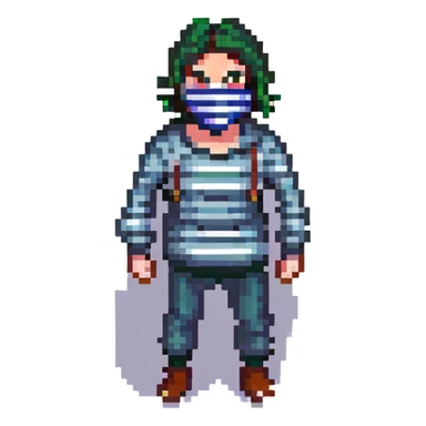 a thief character, pixel art style, with a striped shirt and mask, tiptoeing sticker