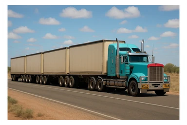 A road train: a semi truck with four trailers, the truck is cyan with a red bug shield, shown from a side angle. sticker