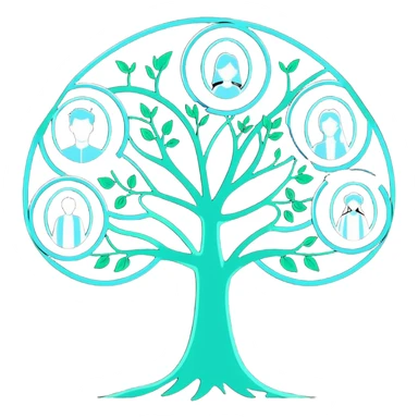 Luminous family tree with glowing portraits and ethereal translucent connecting lines floating in dreamlike space sticker