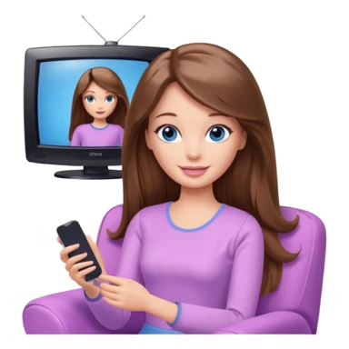 beautiful barbie girl with long brown hair, blue eyes and wearing light purple clothes watching tv sticker