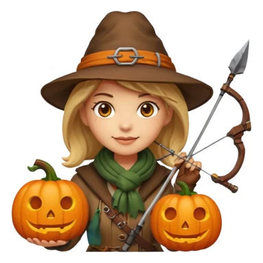 female human monster hunter emoji, wearing brown coat and hat, holding crossbow, soft smile, scarf, glowing pumpkin by her side, Halloween fantasy style, clean vector Apple emoji look, bright colors, white background, square sticker