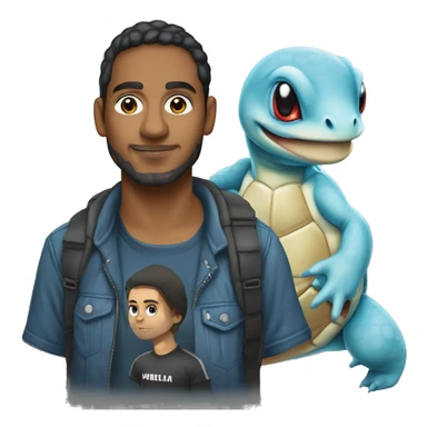 colombian software engineer with a squirtle and a mac. wearing a metallica t-shirt sticker