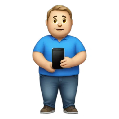 fat man in a blue shirt holding a phone sticker