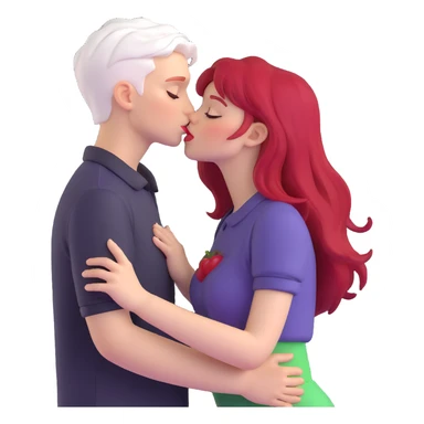 couple kissing, boy with PAPER WHITE SHORT HAIR (completely white), dark shirt, girl with long cherry red hair, light clothes sticker