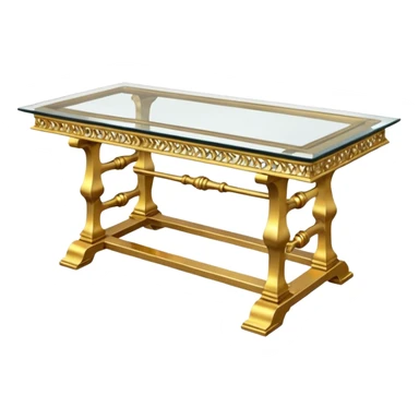 A glass topped rectangular trestle table with 2 side benches and 2 thrones at the ends sticker