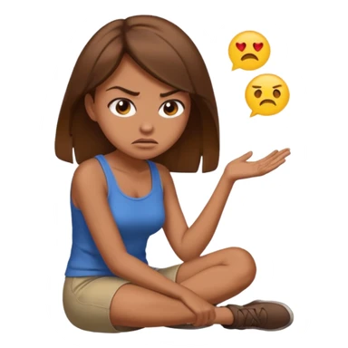 angry woman with brown hair sitting in profile on a floor, avoiding conversation, emoji style sticker
