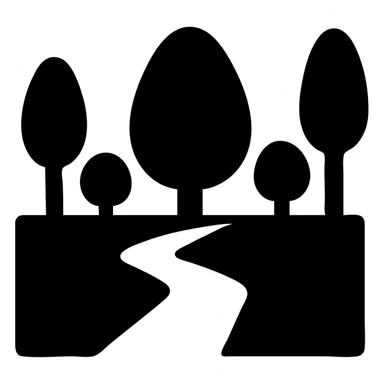 minimalist park icon with several trees and path, solid black fill sticker