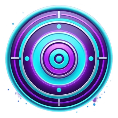 Futuristic glowing bullseye target emoji, neon purple and cyan holographic glow, dark background, digital tech style, abstract sparkles, no face. sticker