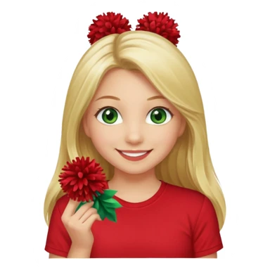 Girl with long blonde hair, smiling, and green eyes and a red shirt and red pom poms cheerleader sticker