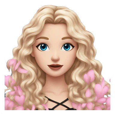 White girl 🧝🏻‍♀️, blue eyes, blond very long curly hair, pink lips, black arrows and brown eyeshadows, pink sexy dress. Background long. Magnolia levitate everywhere. sticker