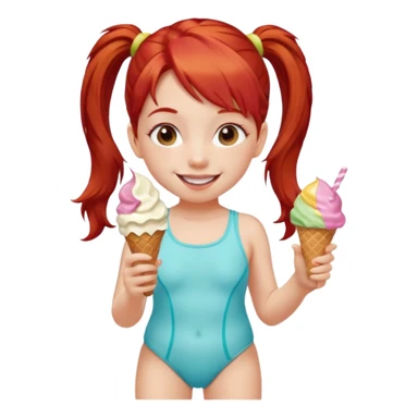 girl kid red haired swimsuit, eating ice cream, ponytail sticker