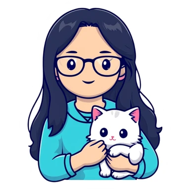 Beautiful girl with long black hair and glasses holding a white kitten sticker
