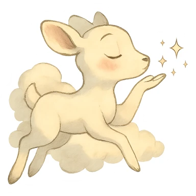 ghibli-inspired vanilla cloud doe, floating, with rosy cheeks, blowing a kiss with sparkles, soft and dreamy sticker
