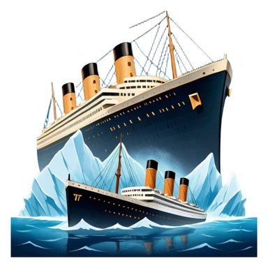 Icon for Titanic Movie: A vintage movie poster-style design featuring a dramatic scene of the ship, the iceberg, and a romantic silhouette of the main couple. Include elements like the ship’s bow, water splashes, and a starry sky in the background. Retro cinematic feel. Transparent background. sticker