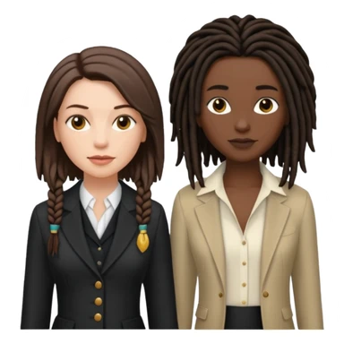 white woman brunette with short hair feminine clothes. And black woman with long dread locks with more masculine clothes sticker