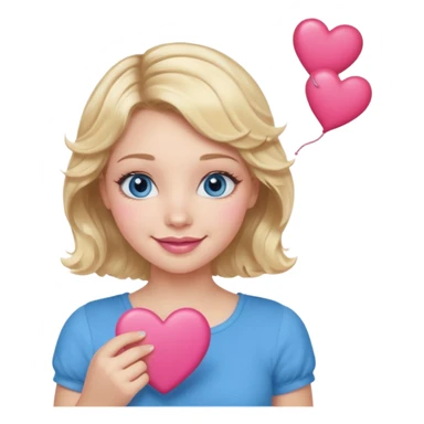 Girl Blonde short wavy hair,  blue eyes, cute blue top, long lashes, pink lips, smiling, holding hearts sticker