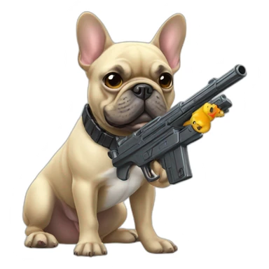 A French bulldog with a toy gun sticker