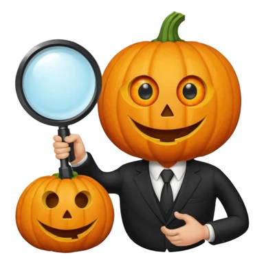 A pumpkin smiling at a magnifying glass (the magnifying glass has limbs and a suit thats black, the magnifying glass also has a eye, looks like a cyclops eye, one eye in the middle turn the magnifying glass into a living person) sticker