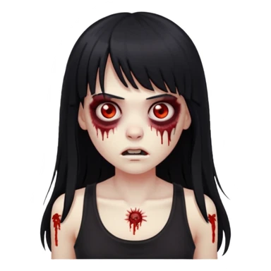 Zombie emoji with long black hair and bangs, big red eyes, small nose, and a simple black tank top. sticker