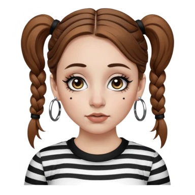 a white girl with brown hair in very low pigtails black eyeliner big false eyelashes with a septum piercing nose piercing big hoop earings dermals close to the eyes one on each side wearing a black and white striped long sleeve shirt sticker