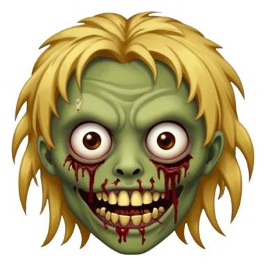 Brown-skinned zombie with messy gold hair, wide centered brown eyes, dark bloody marks under the eyes, and a slightly open mouth showing crooked teeth grillz, giving a distressed, undead look. sticker