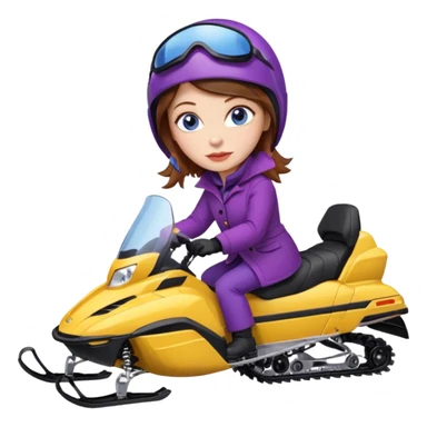 Woman, Brown hair, very blue eyes, wearing a Very red coat  on purple and yellow striped snowmobile sticker