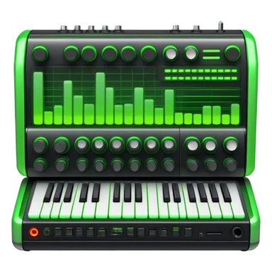 Create a creative and technical emoji that represents sound design. The design should feature a sound mixing console, audio waveforms, and sound effects icons (like a reverb or delay knob) to symbolize the manipulation and crafting of sound. Add elements like a synthesizer or audio interface to reflect the electronic aspect of sound creation. Use colors like neon green, blue, or purple to represent the innovative and experimental nature of sound design. The background should be transparent. sticker