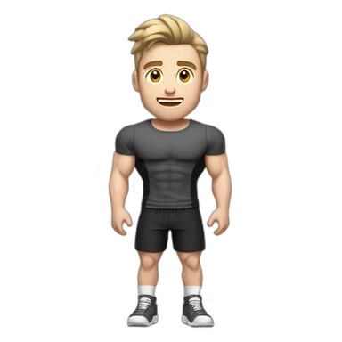 Surprised Pale skinned Fit Man With the biceps and dark brown hair in black shirt, gray sports shorts and white Sneakers sticker