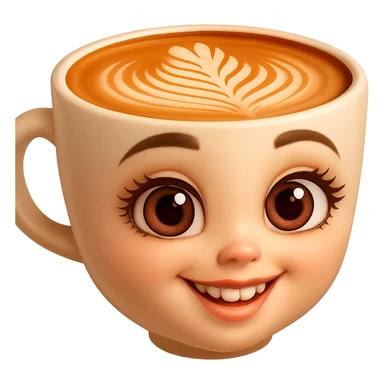 Edita la imagen para que el personaje de la taza de café  MANTENGA exactamente su estilo original,  y colores según la imagen de referencia. ELIMINA FONDO PARA QUE QUEDE TIPO EMOJI NO DBE TENER CUELLO. sticker