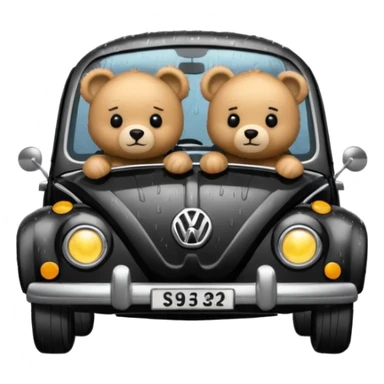 Two teddy bears in black Volkswagen in the rain sticker
