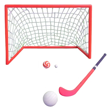 field hockey stick and ball on vibrant green grass field with goalposts sticker