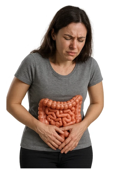 DONNA CON INTESTINO ANATOMICO REALISTICO IN EVIDENZA E MAL DI PANCIA, IPERREALISTICO 4K sticker