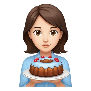 brunette in light blue shirt holding a bundt cake sticker