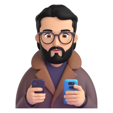 professional man with medium black beard, black hair combed to one side, connected unibrow, olive tan skin, brown eyes, glasses, prominent nose, wearing black coat, intently looking at and interacting with smartphone screen, with subtle office background sticker