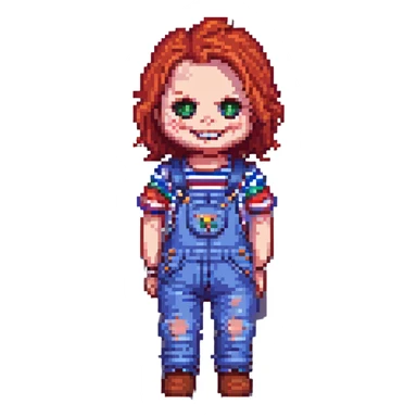 Chucky the doll pixel art style, red hair, striped shirt, overalls, creepy smile sticker