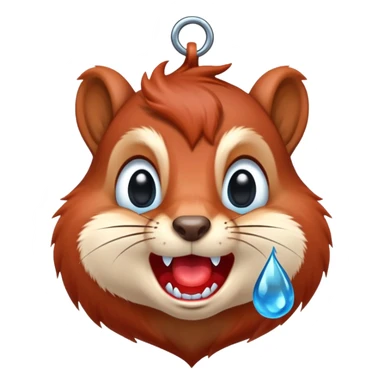 Front view of squirrel face with red-brown fur, prominent teeth, black eyes, and a huge blue drool droplet hanging from mouth, unmistakable drooling sticker