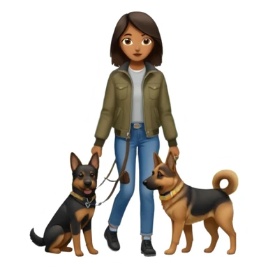 a girl with a brown dark hair, she's walking her dog is a german shepard sticker