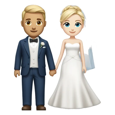 Wedding couple, groom white skin with brown hair and brown eyes, bride with white skin blonde hair up and blue eyes and veil and dark blue suit sticker
