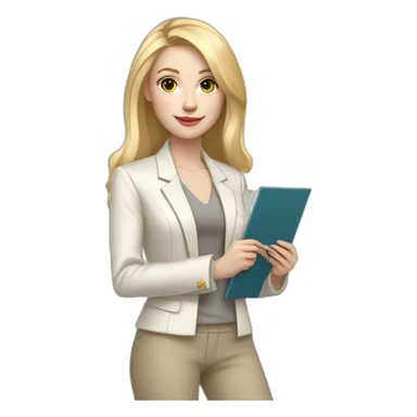 Full height pale skin woman with blonde Straightened Hair to shoulders, White classical jacket, beige Arrow pants and gray blouse holding a color palette in the hands sticker