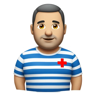 chubby middle-aged Lebanese man, wearing a t-shirt with horizontal blue and white stripes and a red cross on the upper right side of the shirt sticker