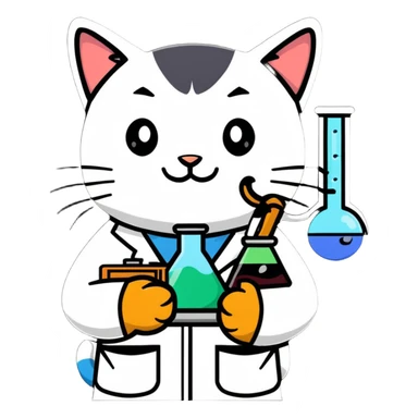 cat scientist smiling with science equipment sticker