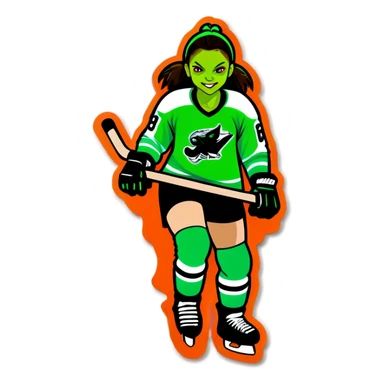 Girl Hockey player neon green gremlin on jersey sticker