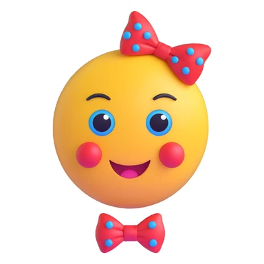 3D smiley emoji, large eyelashes, red polka dot bow, bored, half-closed eyes, blue eyes, musical notes sticker