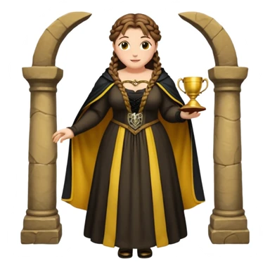 Helga Hufflepuff,brown-haired,2 braids,yellow-black medieval open dress,deep neckline,fat macromastia,black cloak decorated with gold braiding,gold cup with two handles,very kind smile,curvy busty sweet woman,round rosy cheeks,full length with medieval shoes sticker